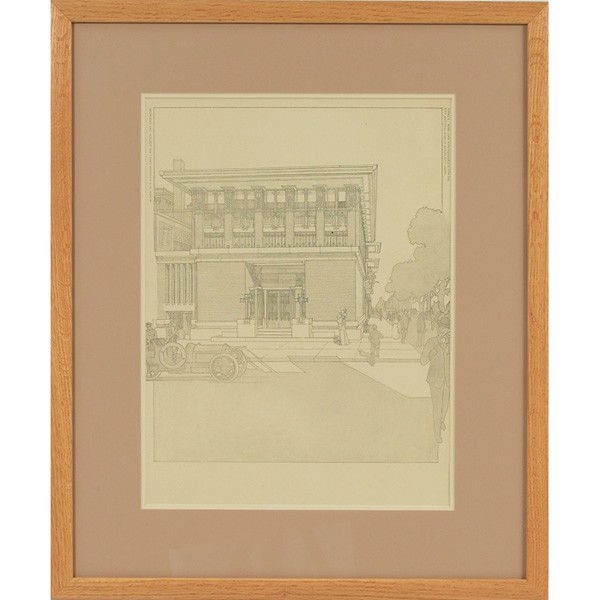 Frank Lloyd Wright Wasmuth print, Plate IL: Frank Lloyd Wright Wasmuth print, Plate IL, exterior elevation for the City National Bank, Mason City, Iowa, 1909, embossed monogram, image: 16" x 13.5", overall: 26.5" x 22", framed