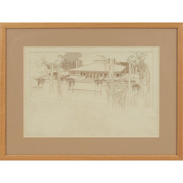 Frank Lloyd Wright Wasmuth print, Plate XXX: Frank Lloyd Wright Wasmuth print, Plate XXX, exterior elevation for the Edwin H. Cheney Residence, Oak Park, Illinois, 1903, embossed monogram, image: 10" x 21", overall: 24" x 31.5", framed