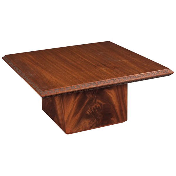 Frank Lloyd Wright table,: Frank Lloyd Wright table, manufactured by Heritage Henredon, square top with Taliesin design at edges above a cube base, original finish, signed with red monogram, 27"w x 27"d x 13"h, very good condit