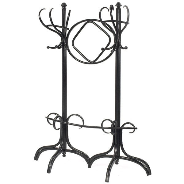 Thonet hall tree, bentwood form: Thonet hall tree, bentwood form with two posts, mirror missing, refinished, some restoration and warping, 57"w x 18"d x 75"h, very good condition