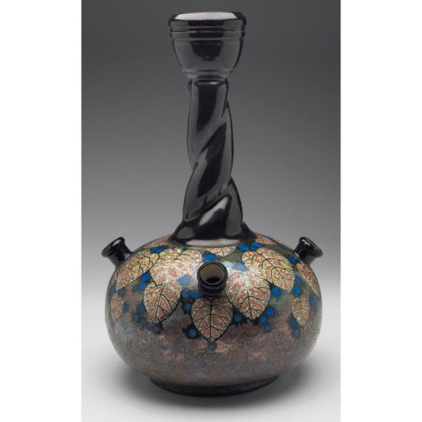 Amphora vase, leaves and berries: Exceptional Amphora vase, monumental shape with a bulbous bottom, spiraling neck and four openings at waist, boldly painted stylized leaves and berries, overall iridescence, marked, #3963, 9.5"w x 16"