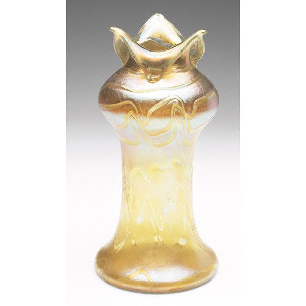 Loetz vase, folded rim: Loetz vase, folded rim in mottled yellow iridescent glass, 11"h