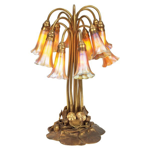 Tiffany Studios twelve-light lily lamp: Tiffany Studios twelve-light lily lamp, twelve favrile glass lily shades supported by a gold dore base with lily pads, base signed Tiffany Studios New York, #382, three shades signed LCT, nine shades 