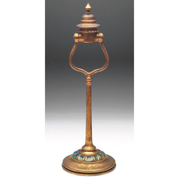 Tiffany Studios lamp base, in gold dore : Tiffany Studios lamp base, in bronze with a gold dore patina and a colorful enameled design, signed Tiffany Furnaces, Inc., #18, 6"w x 14"h