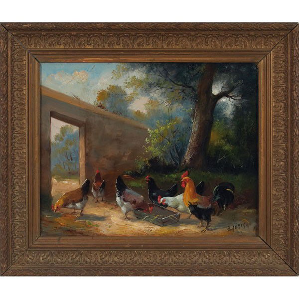 Louis Lartigau Chickens: Louis Lartigau (French, 19th/20th century) "Chickens," c. 1920, oil on canvas, 12.75" x 16", signed lower right, framed