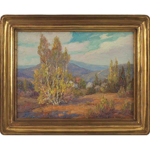Sara Mae Hess Spring in the Hills: Sara Mae Hess (American, 1875-1960) "Spring in the Hills," c. 1930, oil on board, 12" x 16", signed lower right, titled on verso, framed