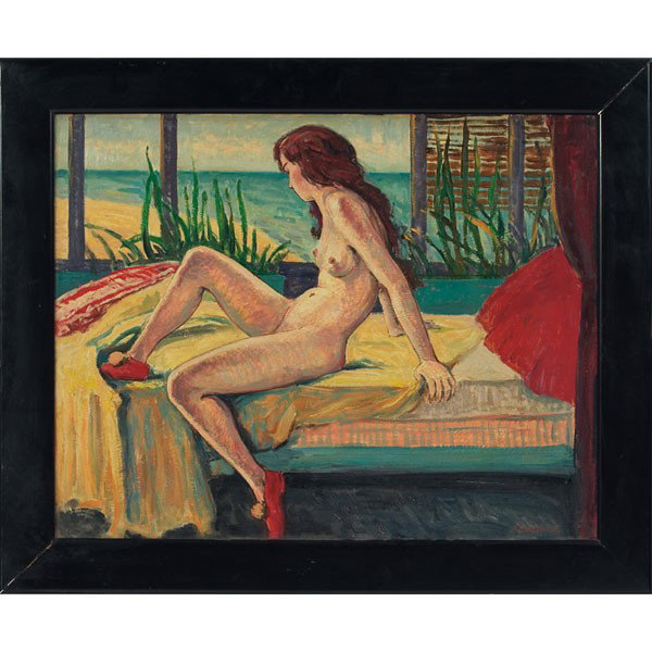 Robert Bartholomew Harshe Nude on Bed: Robert Bartholomew Harshe (American, 1879-1938) "Nude on Bed," c. 1930, oil on board, 21.5" x 28", signed lower right, framed