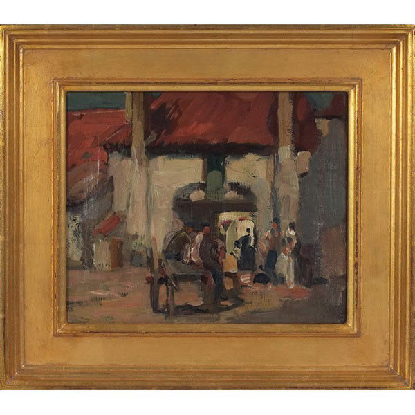 Karl Albert Buehr Market Scene: Karl Albert Buehr (American, 1866-1952) "Market Scene," c. 1915, oil on canvas, 10" x 12", initialed on verso, framed. Provenance: Gift of the artist to his wife, Mary Hess Buehr, By descent to the ar