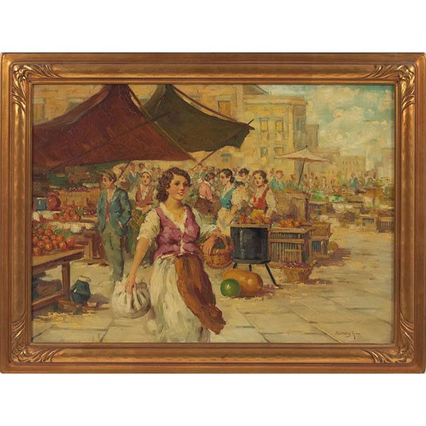 Arisztid Szendy Market Scene: Arisztid Szendy (Hungarian, 1903-1972) "Market Scene," c. 1960, oil on canvas, 19.5" x 27", signed lower right, framed