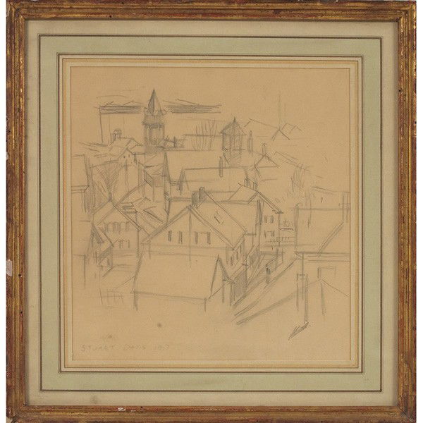 Stuart Davis Rooftops: Stuart Davis (American, 1892-1964) "Rooftops," 1917, graphite on paper, 11" x 10.5", signed and dated lower left, framed