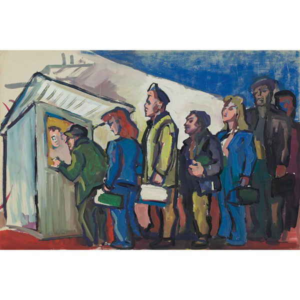 Don Freeman Pay Day: Don Freeman (American, 1908-1978) "Pay Day," c. 1940, gouache on board, 20" x 30", signed lower right, unframed