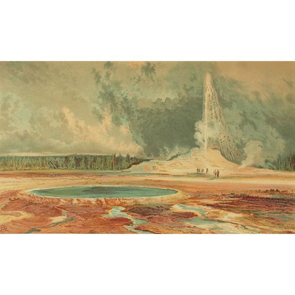 Thomas Moran, group of four chromolithographs: Thomas Moran (American, 1837-1926) "Pink Terraces, Mammoth Hot Springs Gardiners River," "Great Blue Spring, Lower Geyer Basin," "Grand Canyon of the Yellowstone River," and "Castle Geyser and Beautif