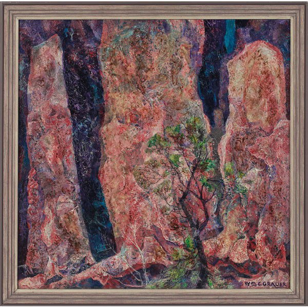 William C. Grauer Arizona Rock Forms: William C. Grauer (American, 1896-1985) "Arizona Rock Forms," c. 1960, oil on masonite, 23.75" x 23.75", signed lower right, framed