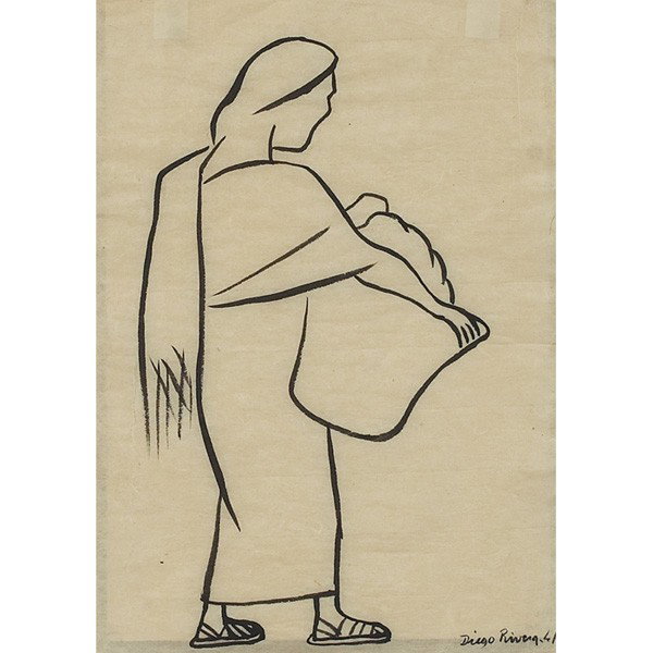 Diego Rivera Woman with Basket: Diego Rivera (Mexican, 1886-1957) "Woman with Basket," 1941, ink on paper, 15.25" x 11", signed and dated lower right, framed