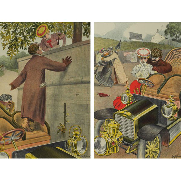 Georges Meunier Moto-Flirt" and Moto-Fuite: Georges Meunier (French, 1869-1942) "Moto-Flirt" and "Moto-Fuite," c. 1900, pair of color lithographs, each: 19.75" x 13", signed in plate, unframed