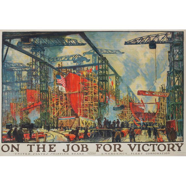 Jonas Lie On the Job for Victory: Jonas Lie (American/Norwegian, 1880-1940) "On the Job for Victory," c. 1918, color lithograph mounted to linen, 39" x 53", signed in plate, unframed