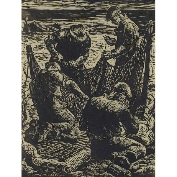 Robert Von Neumann Net Menders: Robert Von Neumann (German/American, 1888-1975) "Net Menders," c. 1950, woodcut, 10.75" x 8.25", pencil signed lower right, titled lower left, framed