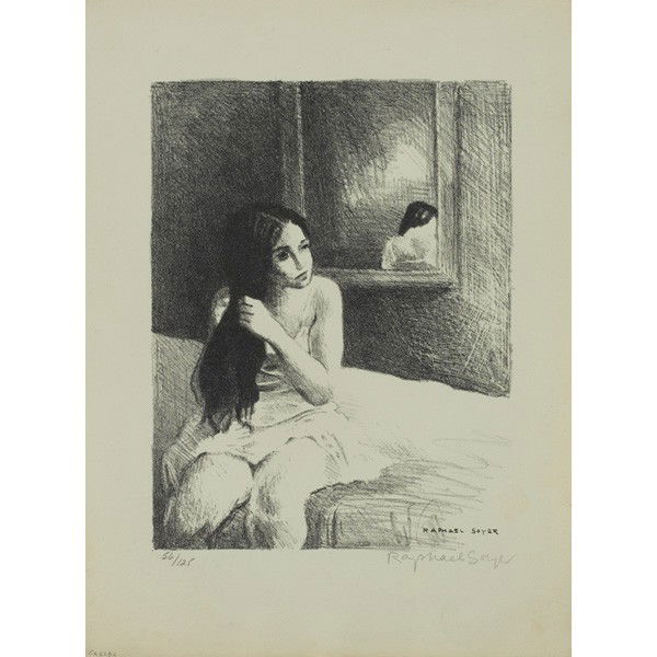 Raphael Soyer Girl Combing Hair: Raphael Soyer (American, 1899-1987) "Girl Combing Hair," c. 1950, lithograph, 10.5" x 8", pencil signed lower right, numbered lower left, edition of 125, unframed