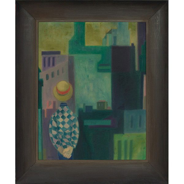 Margaret D. H. Keane Figure in a Cityscape: Margaret D. H. Keane (American, b. 1927) "Figure in a Cityscape," c. 1960, oil on canvas, 28" x 22", signed lower left, framed
