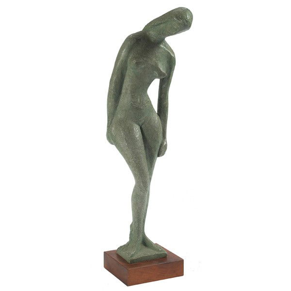 Vincent Glinsky Standing Nude sculpture: Vincent Glinsky (American, 1895-1975) "Standing Nude," c. 1960, earthenware sculpture, 19.5", signed, held on a wood base
