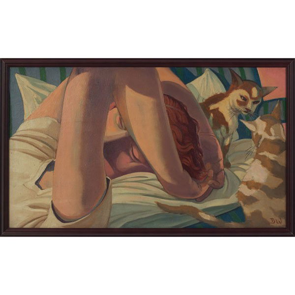 Bernard Weinstein Woman with Cats: Bernard Weinstein (American, 20th century) "Woman with Cats," c. 1950, oil on canvas, 14" x 24", initialed lower right, framed