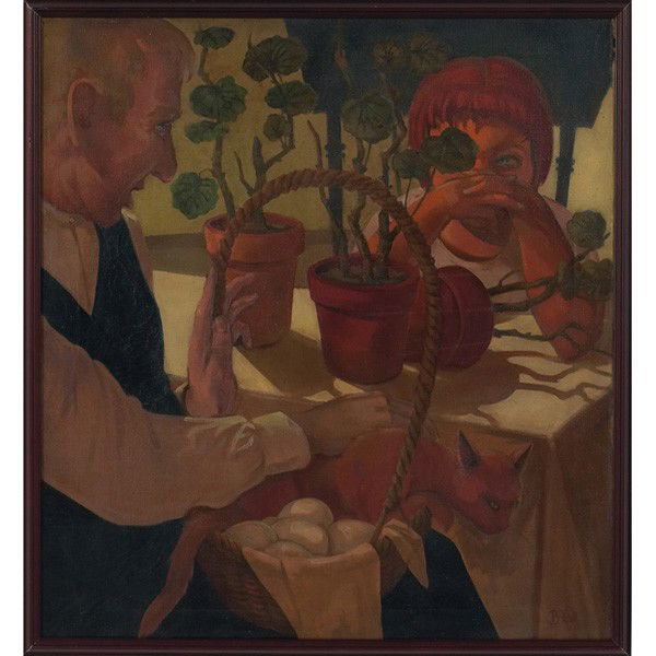 Bernard Weinstein Man and Child with Cat: Bernard Weinstein (American, 20th century) "Man and Child with Cat," c. 1950, oil on canvas, 26" x 24", initialed lower right, framed