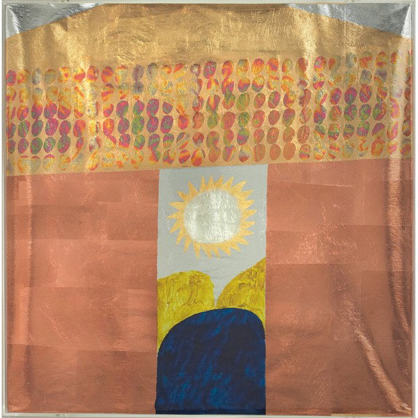 Carol Summers Puerta del Sol: Carol Summers (American, b. 1925) "Puerta del Sol," 1976, stencil with metal leaf, 20" x 20", unsigned, edition of 75, framed Published: Adi Gallery, San Francisco, 1977: Carol Summers Woodcuts, no. 1