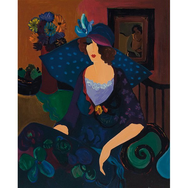 Itzchak Tarkay Woman with a Blue Pillow: Itzchak Tarkay (Israeli, b. 1935) "Woman with a Blue Pillow," c. 1980, lithograph, 36.5" x 29.5", pencil signed lower right, numbered lower left, edition of 350, framed