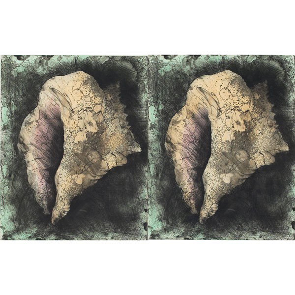 Jim Dine Lost Shells: Jim Dine (American, b. 1935) "Lost Shells," 1985, hand -colored etching on two sheets, 22.25" x 35.5", pencil signed, numbered and dated in margin, edition of 32, framed