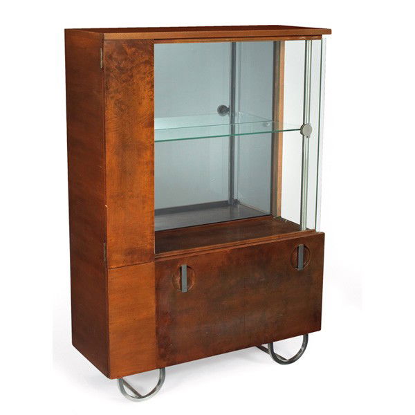 Gilbert Rohde china cabinet, by Herman Miller: Gilbert Rohde china cabinet, by Herman Miller, from the Formal Dining Group, model 3321, 1930s, large glass door, glass shelf, lower drop-front, original legs and handles in matte-finished steel, tint