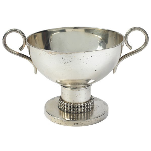 Jean Despres handled vessel or compote: Jean Despres handled vessel or compote, France, c.1935, silver plate, incised signature "J Despres" underneath base, hallmarks to edge of base, 6.5"w x 4.5"d x 4.75"h, very good original condition