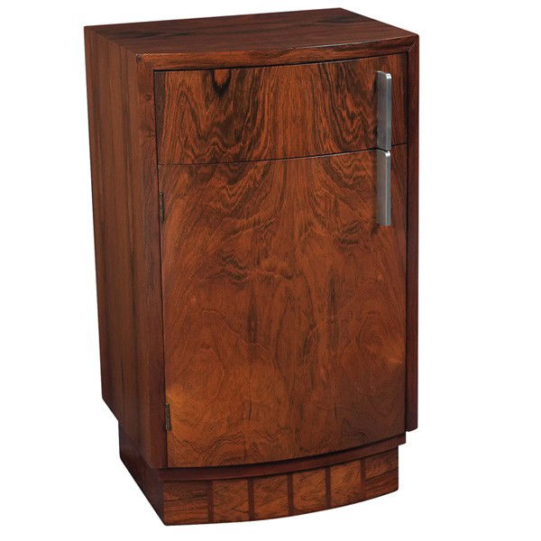Gilbert Rohde night stand or bedside cabinet: Gilbert Rohde night stand or bedside cabinet, by Herman Miller, model 3770, Brazilian rosewood, one drawer above one door, original brushed metal handles, refinished, signed with stenciled model numbe