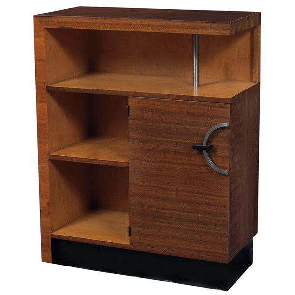 Gilbert Rohde East Indian Laurel Group cabinet: Gilbert Rohde East Indian Laurel Group cabinet, by Herman Miller, East Indian Laurel wood, one door with c-shaped pull, three shelves, black platform base, refinished, 32"w x 15"d x 41"h, some restora
