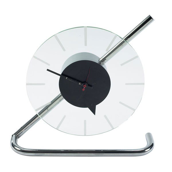 Gilbert Rohde Z clock, chrome-plated: Gilbert Rohde Z clock, by Herman Miller, c.1933, chrome-plated metal base with the original clear light green glass dial with etched hour markers, painted dial with original finish, black hour and min