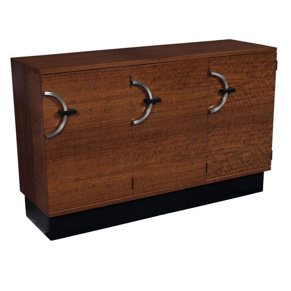 Gilbert Rohde East Indian Laurel Group small sideb: Gilbert Rohde East Indian Laurel Group small sideboard, by Herman Miller, East Indian Laurel wood, black platform base, three doors with c-shaped handles, refinished, unsigned, 48"w x 15"d x 30"h, hin