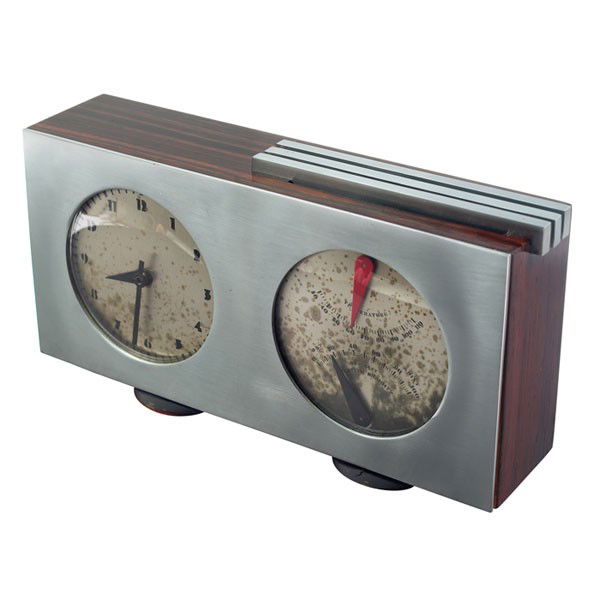 Gilbert Rohde Art Deco table clock, rectangular: Gilbert Rohde Art Deco table clock, by Herman Miller, 1930s, rectangular rosewood case with banded aluminum trim and stylized numerals, two round wood feet, also features temperature and humidity gaug