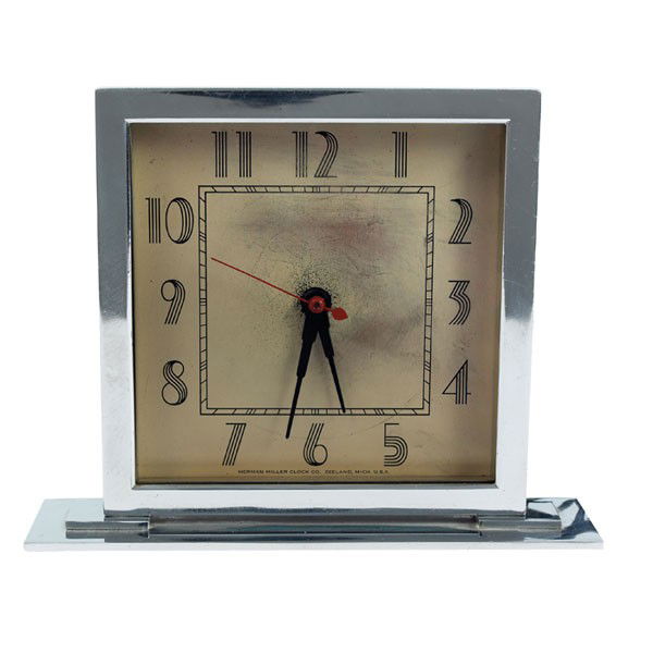 Gilbert Rohde Art Deco table clock, square chromed: Gilbert Rohde Art Deco table clock, by Howard Miller, 1930s, square chromed metal case, stylized numerals, original red second hand, signed, 8"w x 2.5"d x 6.25"h, very good condition