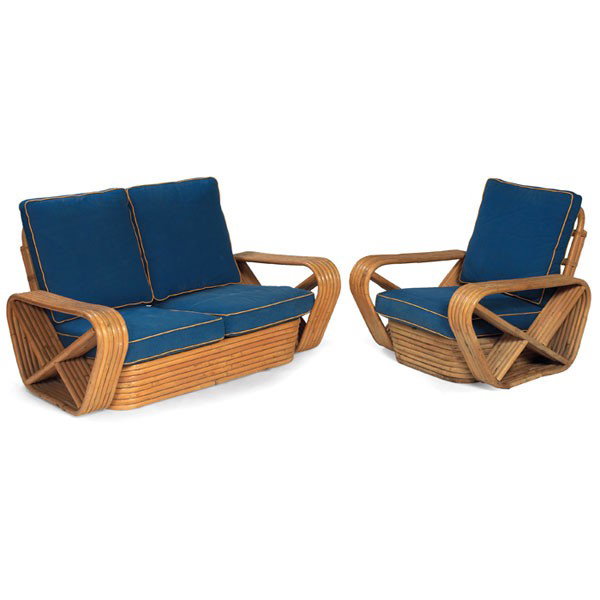 Paul Frankl love seat and chair: Paul Frankl love seat and chair, by Payat, 1930s, banded bamboo frames, blue cotton cushions with yellow piping, original finish, love seat: 56"w x 39"d x 35"h, chair: 34"w, wear to finish, good origi