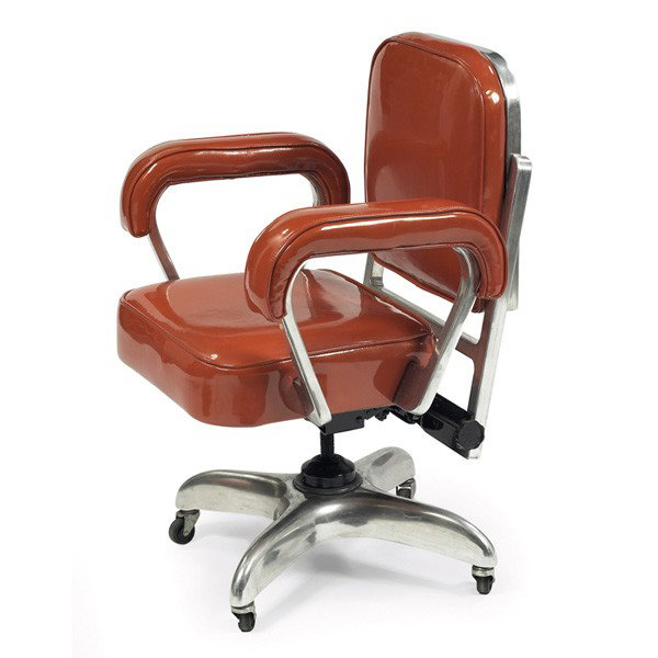 Fine Rest Aluminum Seating office chair: Fine Rest Aluminum Seating office chair, 1930s, polished aluminum base and frame, on castors, tilts and swivels, Akron, Ohio, dark orange upholstery, signed with metal tag, two metal springs under the