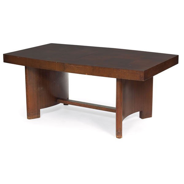 Gilbert Rohde Formal Dining Group table: Gilbert Rohde Formal Dining Group table, by Herman Miller, c. 1940, rectangular top with checkerboard veneer pattern of Maidou burl and mahogany over two curved plinth bases, 4" apron, includes two 10