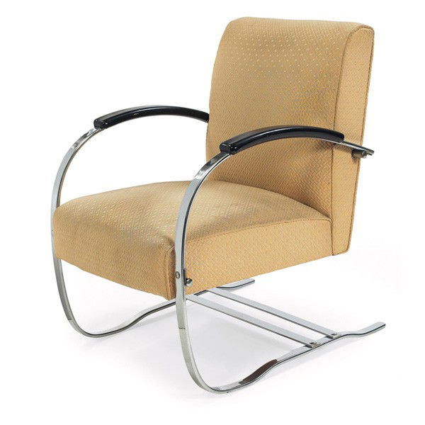 Wolfgang Hoffman lounge chair,: Wolfgang Hoffman lounge chair, by Howell, 1930s, heavy chrome-plated cantilevered steel frame, two flat bar stretchers to back, wood armrests with original black finish, replaced upholstery, 24"w x 29