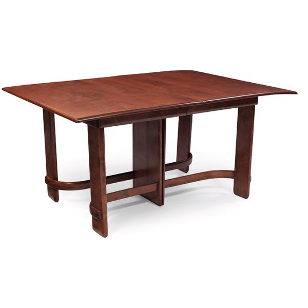 Gilbert Rohde dining table, two 12" leaves: Gilbert Rohde dining table, by Heywood-Wakefield, rectangular top, two 12" leaves, refinished, signed with Heywood-Wakefield paper label, 60"w x 42"d x 29"h, one end of the top is warped, fair conditi