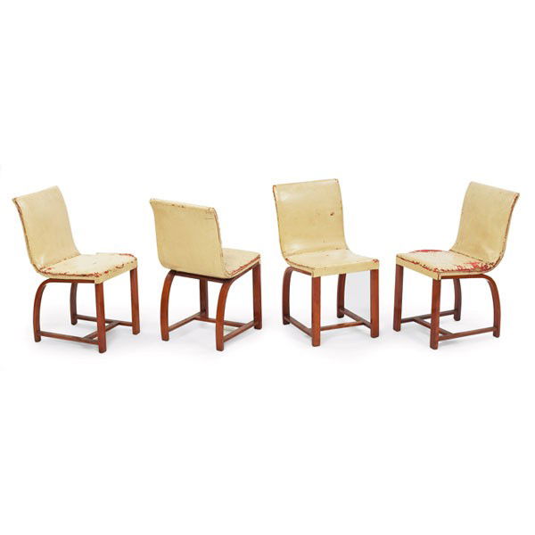 Gilbert Rohde dining chairs, four: Gilbert Rohde dining chairs, four, by Heywood-Wakefield, molded plywood frames, original upholstery, original finish, signed with Heywood-Wakefield labels, 16" x 20.5"d x 32"h, wear to upholstery, goo