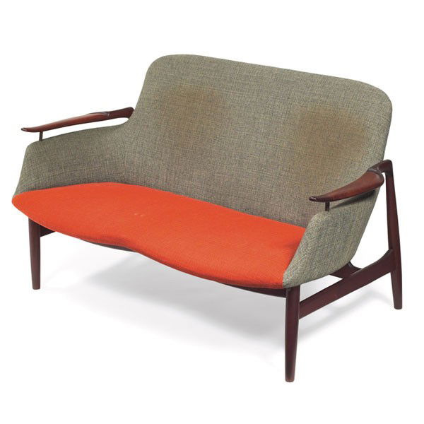 Finn Juhl NV-53 settee: Finn Juhl NV-53 settee, by Niels Vodder, Denmark, frame with sculptural armrests, original wool upholstery, original finish, signed with branded mark "Niels Vodder Copenhagen Denmark Finn Juhl", 50"w