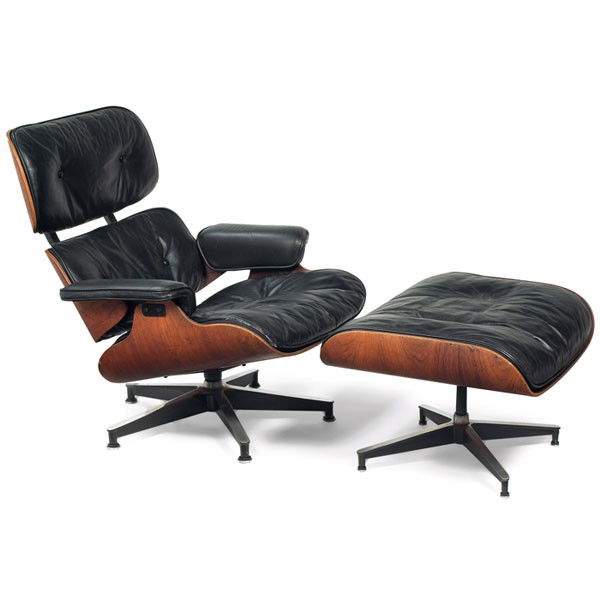 Charles & Ray Eames 670/671 lounge chair and ottom: Charles & Ray Eames 670/671 lounge chair and ottoman, by Herman Miller, molded rosewood plywood shell with black leather down- and foam-filled cushions over a black enameled and polished aluminum base