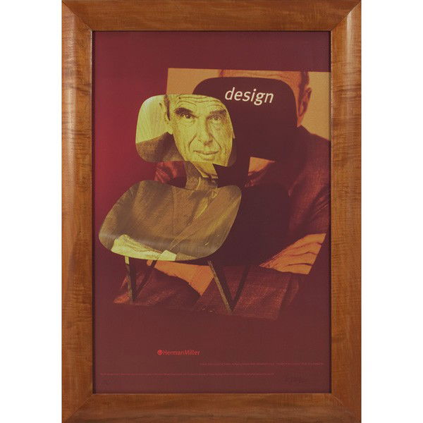 Herman Miller advertising poster: Herman Miller advertising poster, commemorating the design of Charles Eames, numbered 402/500, by Brian Edlefson, in a cherry wood frame, artist signed, frame signed "Kari Miller 2003", overall size: