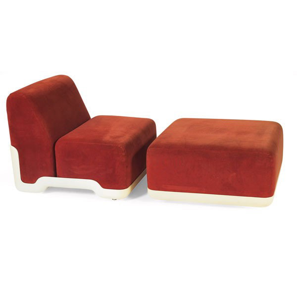 Harvey Probber lounge chair and ottoman, pair (fou: Harvey Probber lounge chair and ottoman, pair (four pieces), by Harvey Probber, Inc., white molded plastic bases, upholstered foam seats, original rust-colored upholstery, original finish, signed with