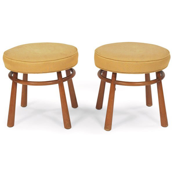 T. H. Robsjohn-Gibbings stools, pair: T. H. Robsjohn-Gibbings stools, pair, by Widdicomb, bleached walnut frames with reverse tapered legs and curved ring stretcher to bases, original gold fabric upholstery, original finish, overall: 21"d