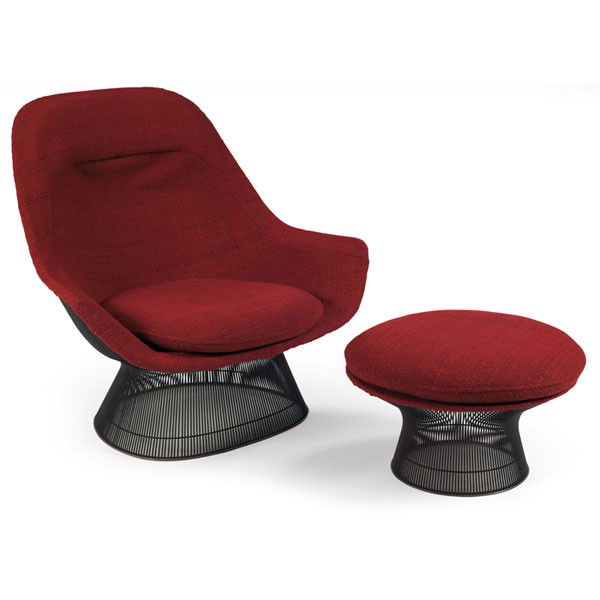 Warren Platner high-back lounge chair & ottoman: Warren Platner high-back lounge chair & ottoman, by Knoll, bronze wire bases, original dark red wool upholstery, dated 1970, chair signed with Knoll Associates label, ottoman signed with Knoll Interna