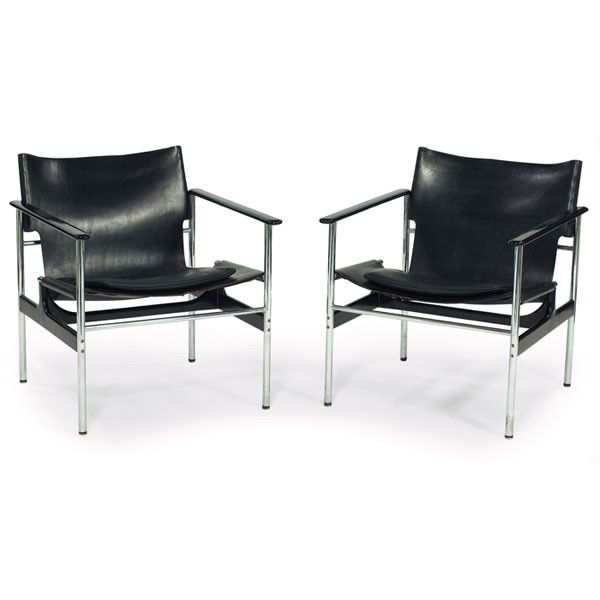 Charles Pollock chairs, pair,: Charles Pollock chairs, pair, by Knoll, original black leather sling seats, chromed steel frames, black armrests, original upholstery, each signed with Knoll Associates label, 25"w x 24"d x 28"h, very